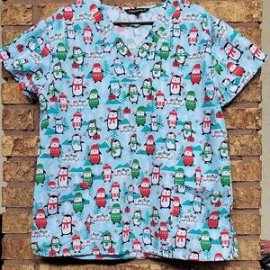 Cassandra O Merry Christmas Penguin Print Short Sleeve Scrubs Size Large